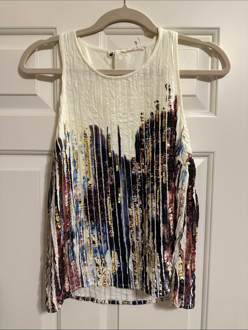 Anthropologie floreat Embellished Cream Tank top with Multicolor Sequin Detail